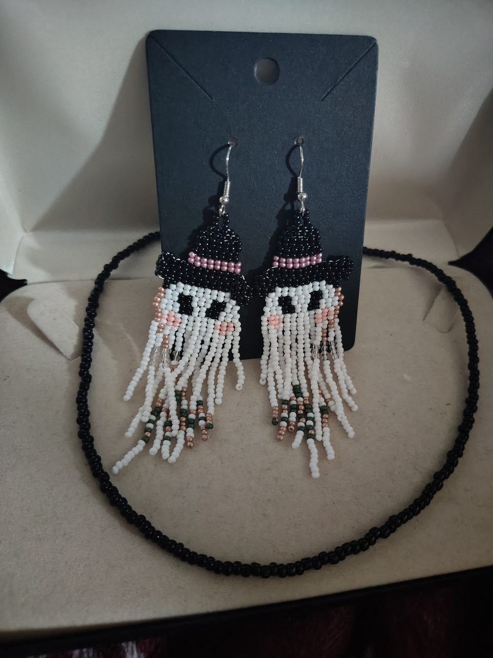 👻 New Handmade Halloween Beaded Ghost Fringe Dangle Earrings & Necklace Set 👻